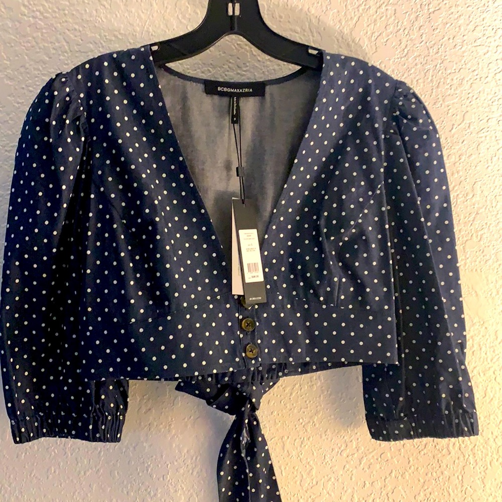 BCBG Dark Navy Crop Top with Puffed Sleeves NWT